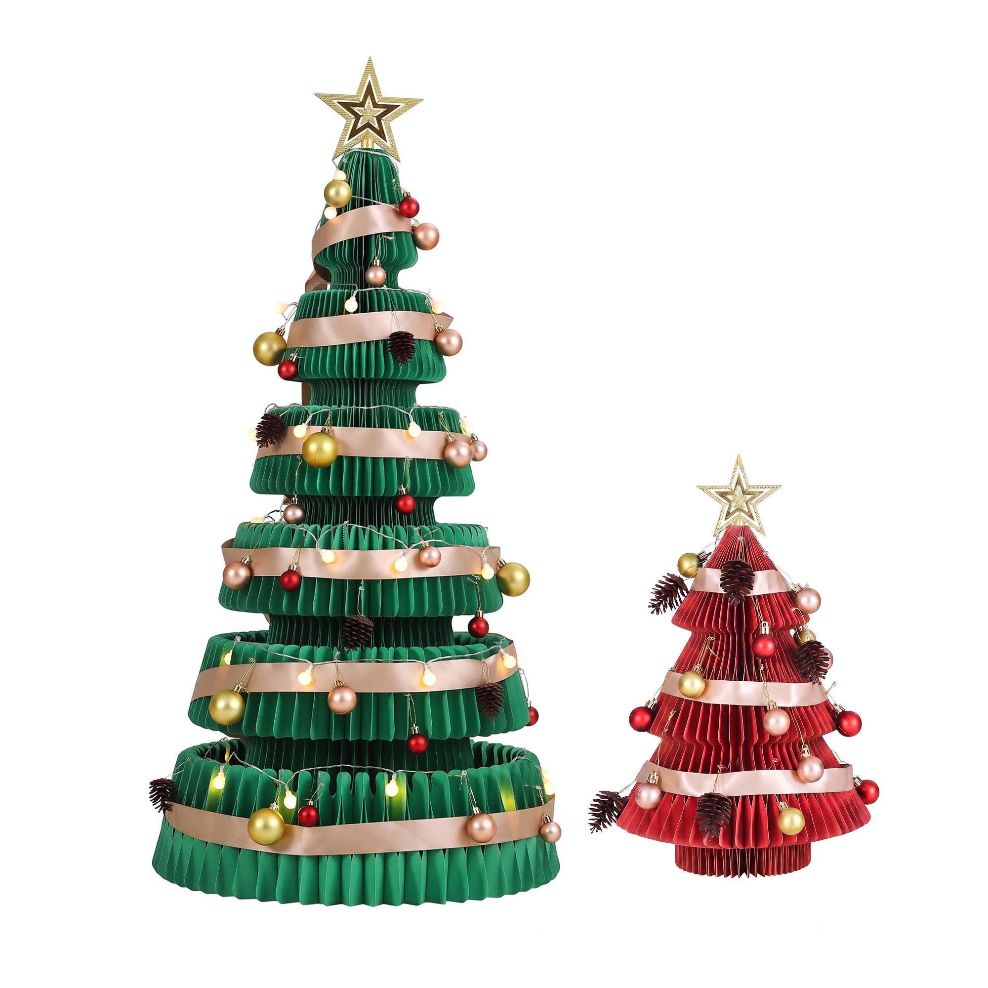 Green & Red Honeycomb Paper Christmas Tree Set – 2 Pieces with LED Lights