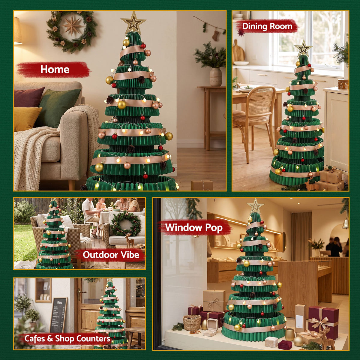 Green & Red Honeycomb Paper Christmas Tree Set – 2 Pieces with LED Lights