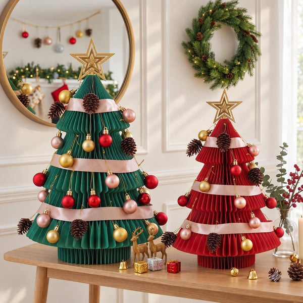 Green & Red Honeycomb Paper Desktop Christmas Tree Set – 2 Pieces