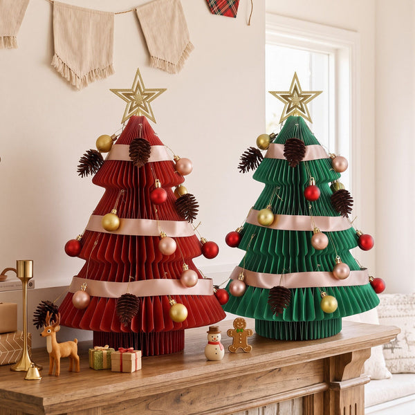 Green & Red Honeycomb Paper Desktop Christmas Tree Set – 2 Pieces