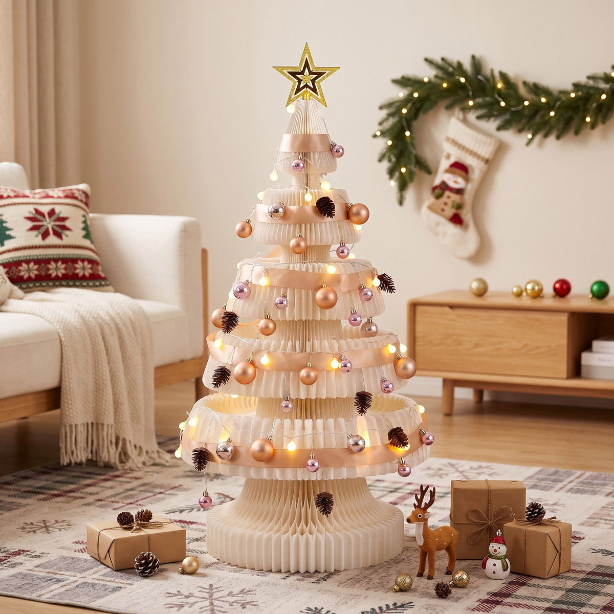 114CM White Foldable Paper Christmas Tree with LED Lights, Star Topper & Ornament Kit
