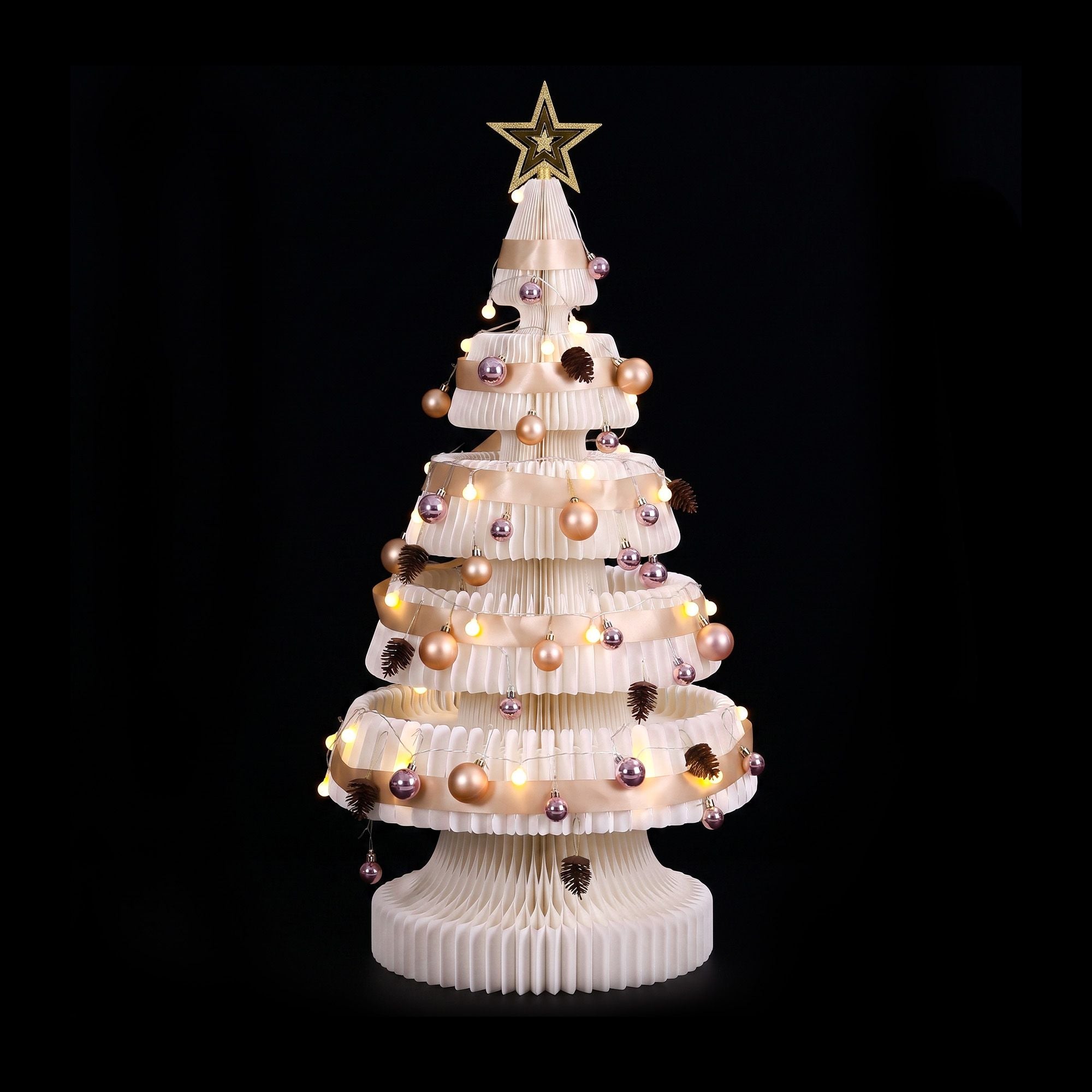 114CM White Foldable Paper Christmas Tree with LED Lights, Star Topper & Ornament Kit