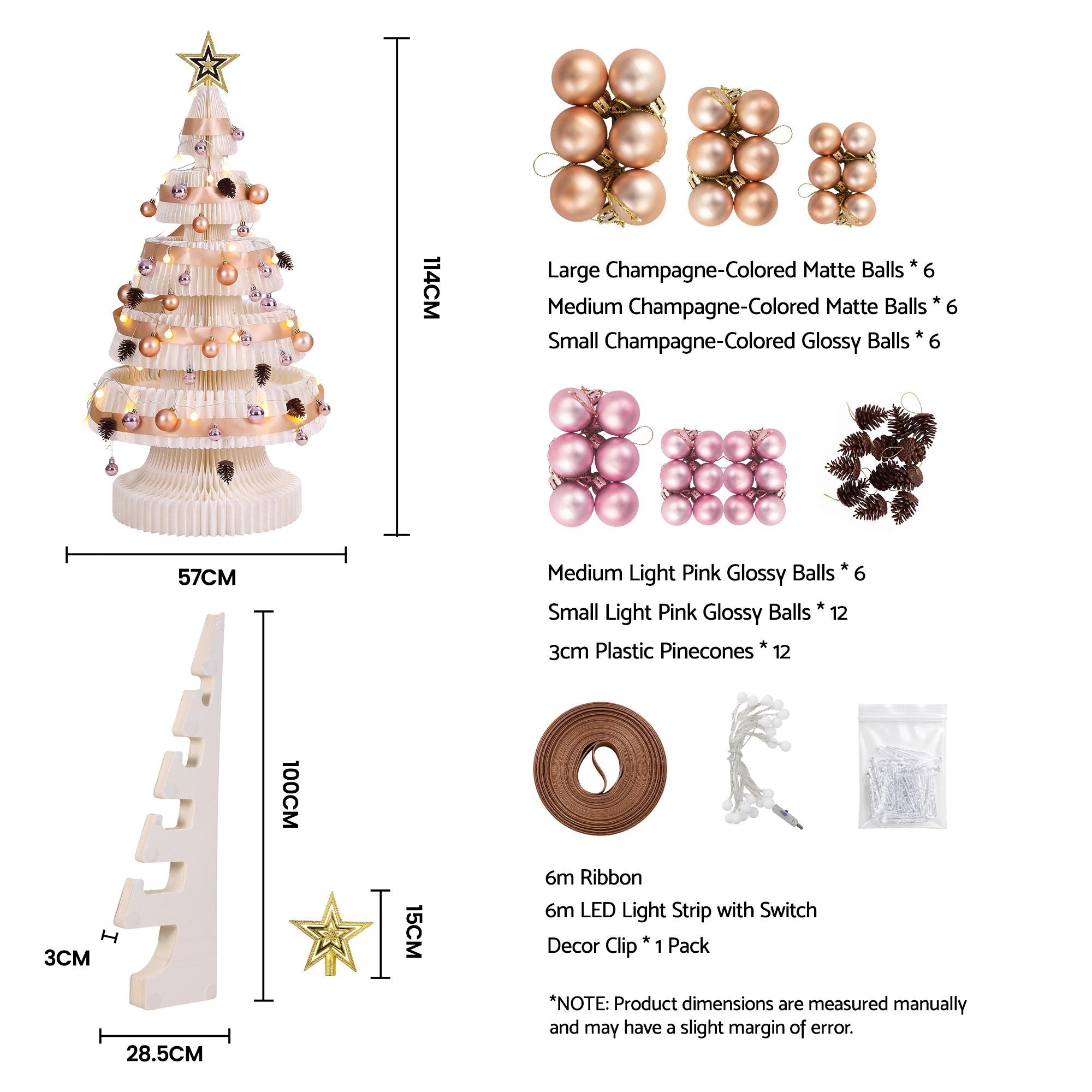 114CM White Foldable Paper Christmas Tree with LED Lights, Star Topper & Ornament Kit
