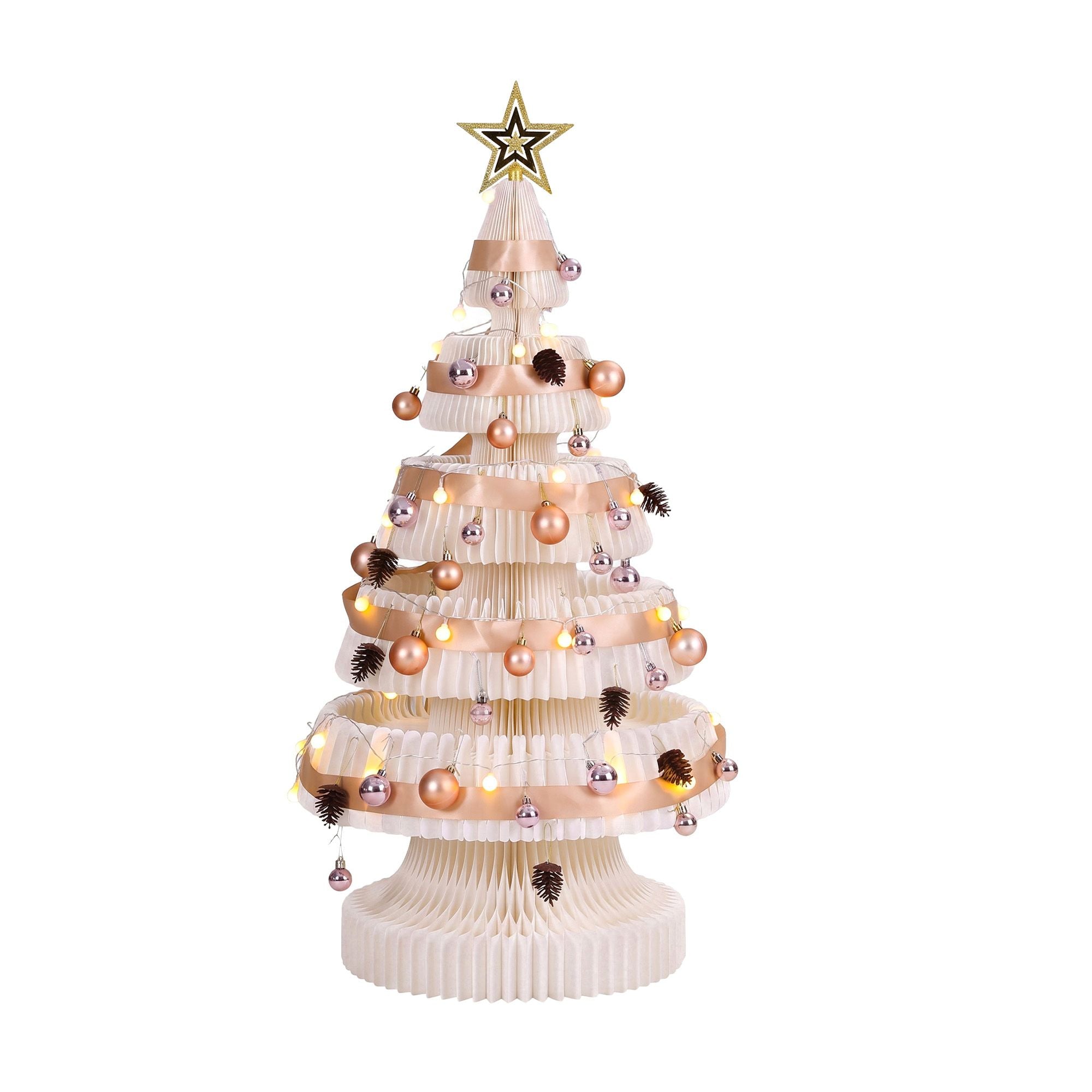 114CM White Foldable Paper Christmas Tree with LED Lights, Star Topper & Ornament Kit