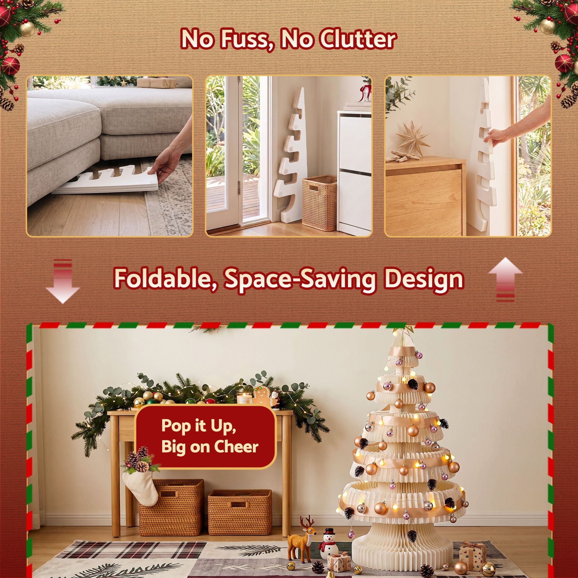 114CM White Foldable Paper Christmas Tree with LED Lights, Star Topper & Ornament Kit