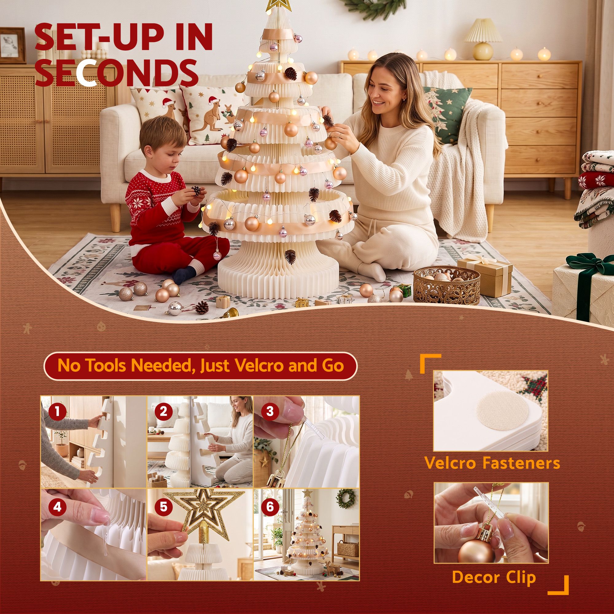 114CM White Foldable Paper Christmas Tree with LED Lights, Star Topper & Ornament Kit