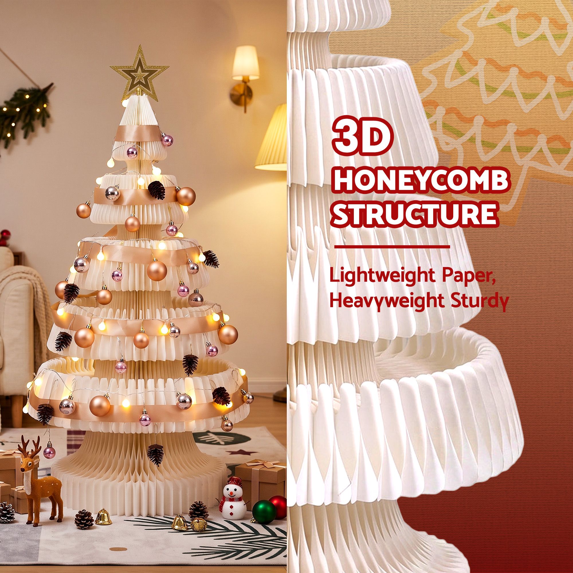 114CM White Foldable Paper Christmas Tree with LED Lights, Star Topper & Ornament Kit