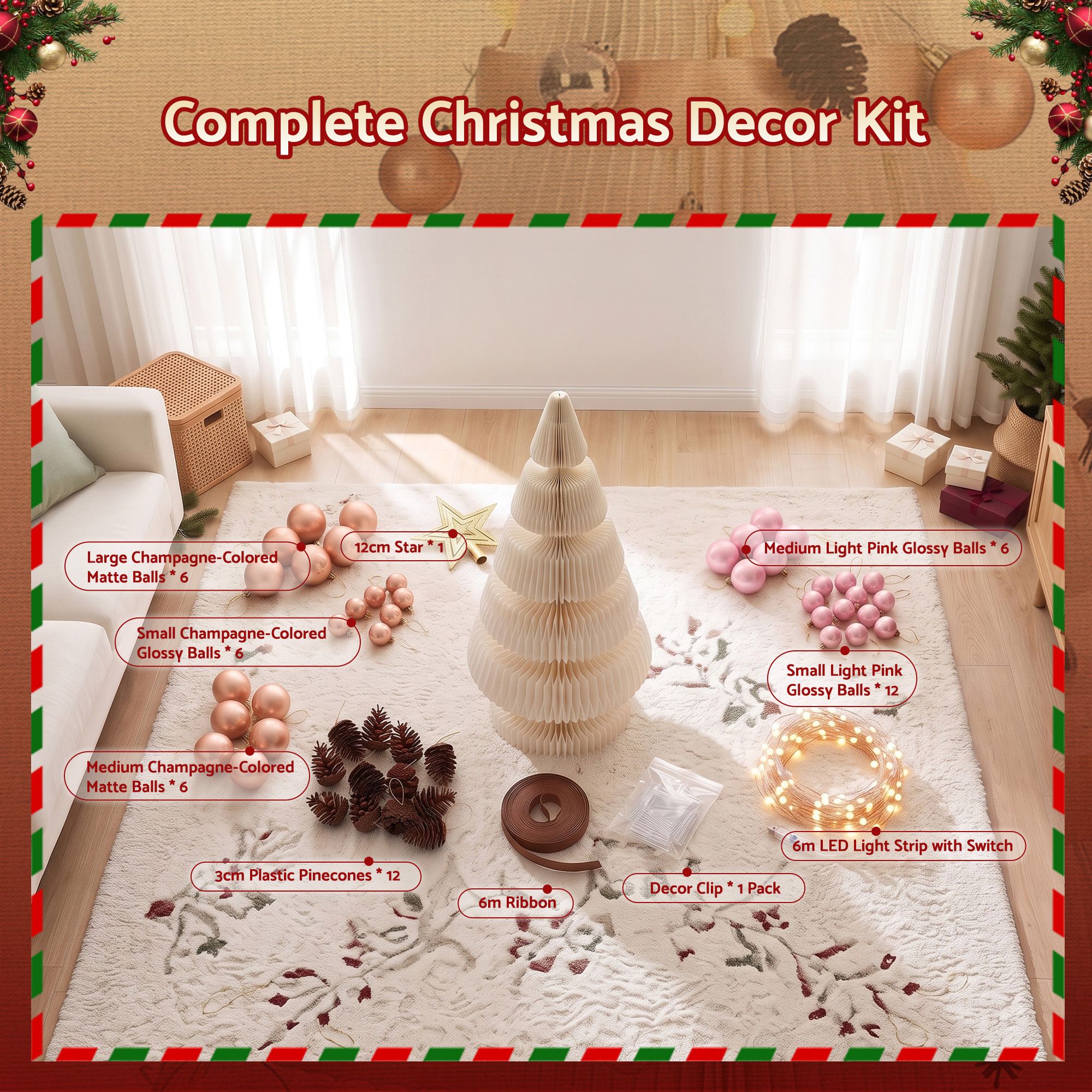 114CM White Foldable Paper Christmas Tree with LED Lights, Star Topper & Ornament Kit