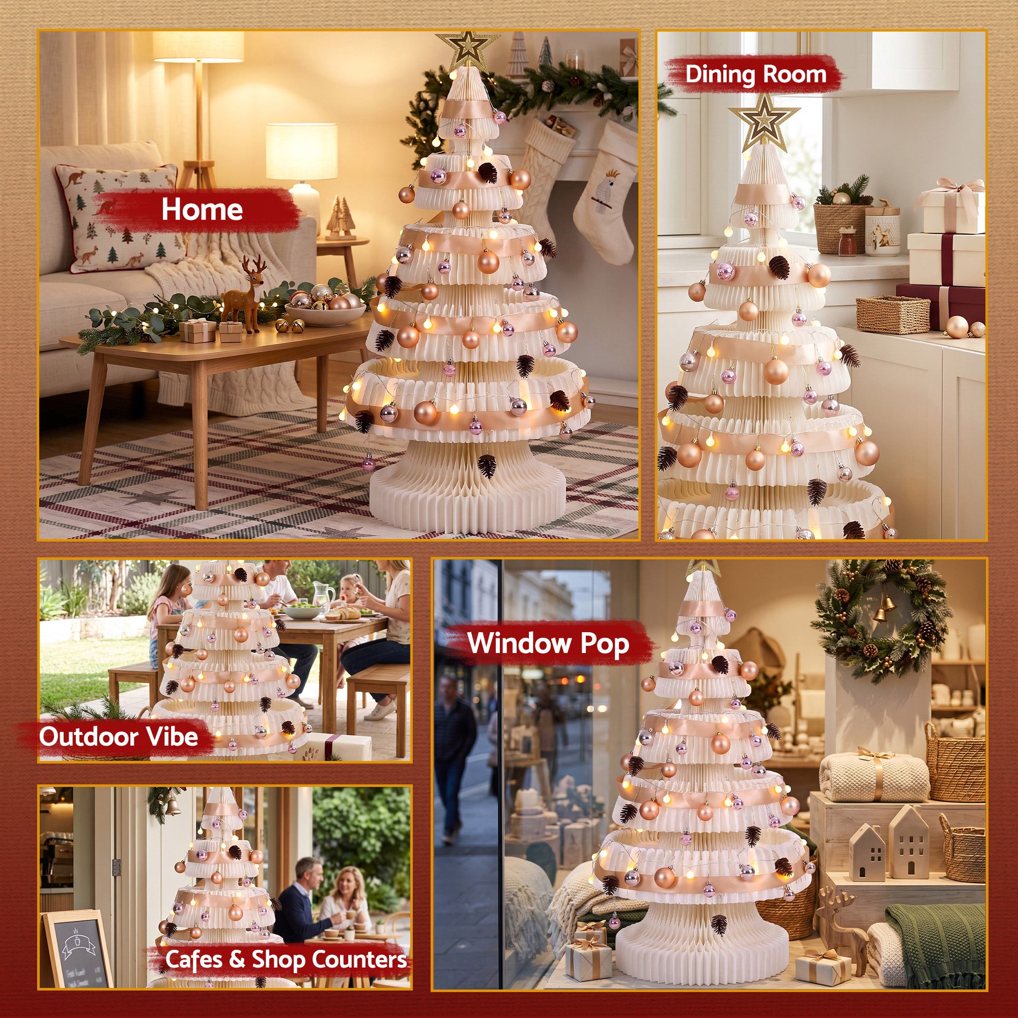 114CM White Foldable Paper Christmas Tree with LED Lights, Star Topper & Ornament Kit