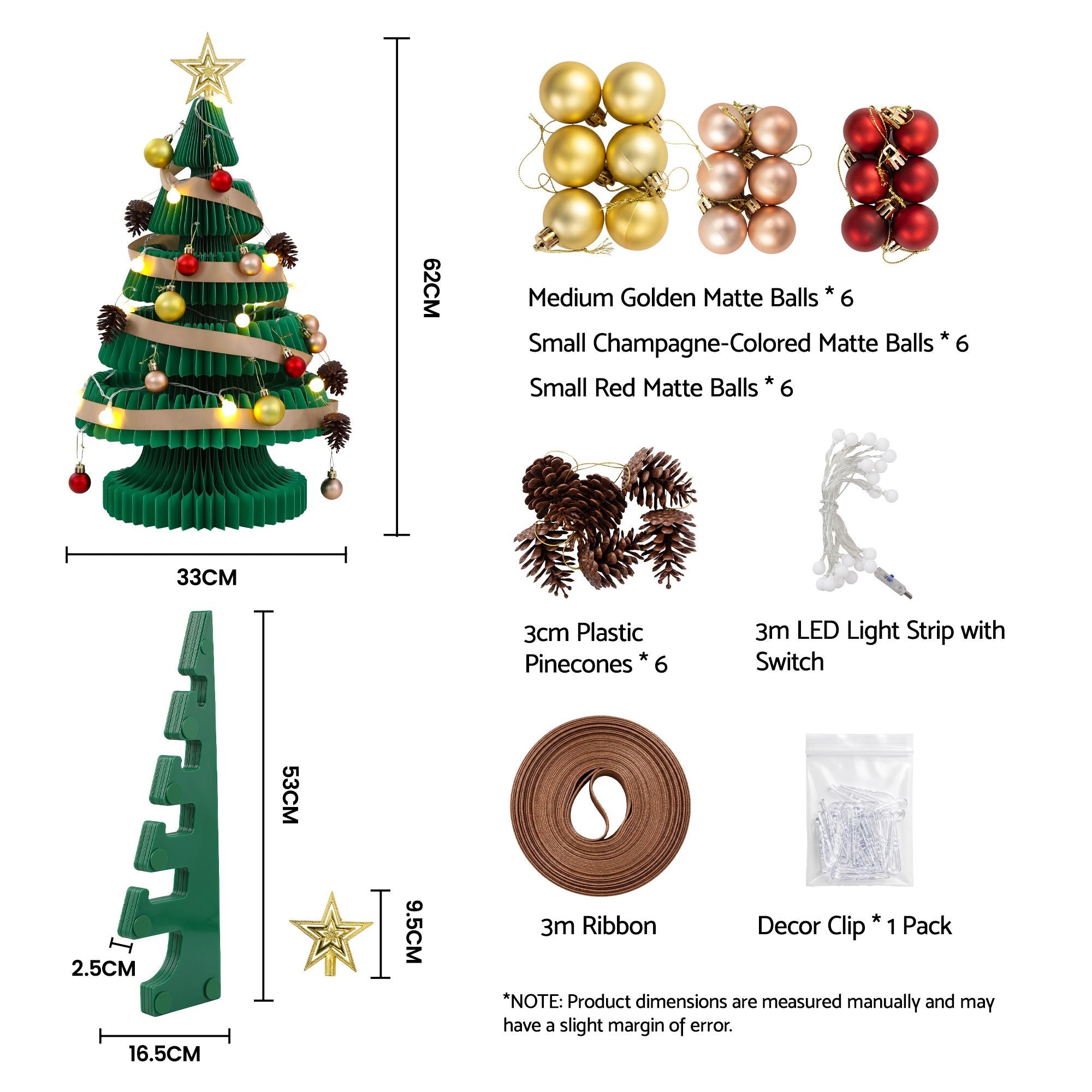 62CM Foldable Paper Christmas Tree with LED Lights, Star Topper & Ornament Kit