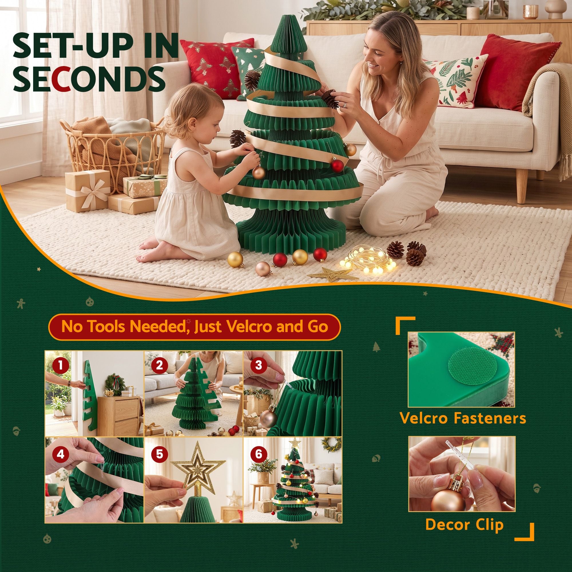 62CM Foldable Paper Christmas Tree with LED Lights, Star Topper & Ornament Kit