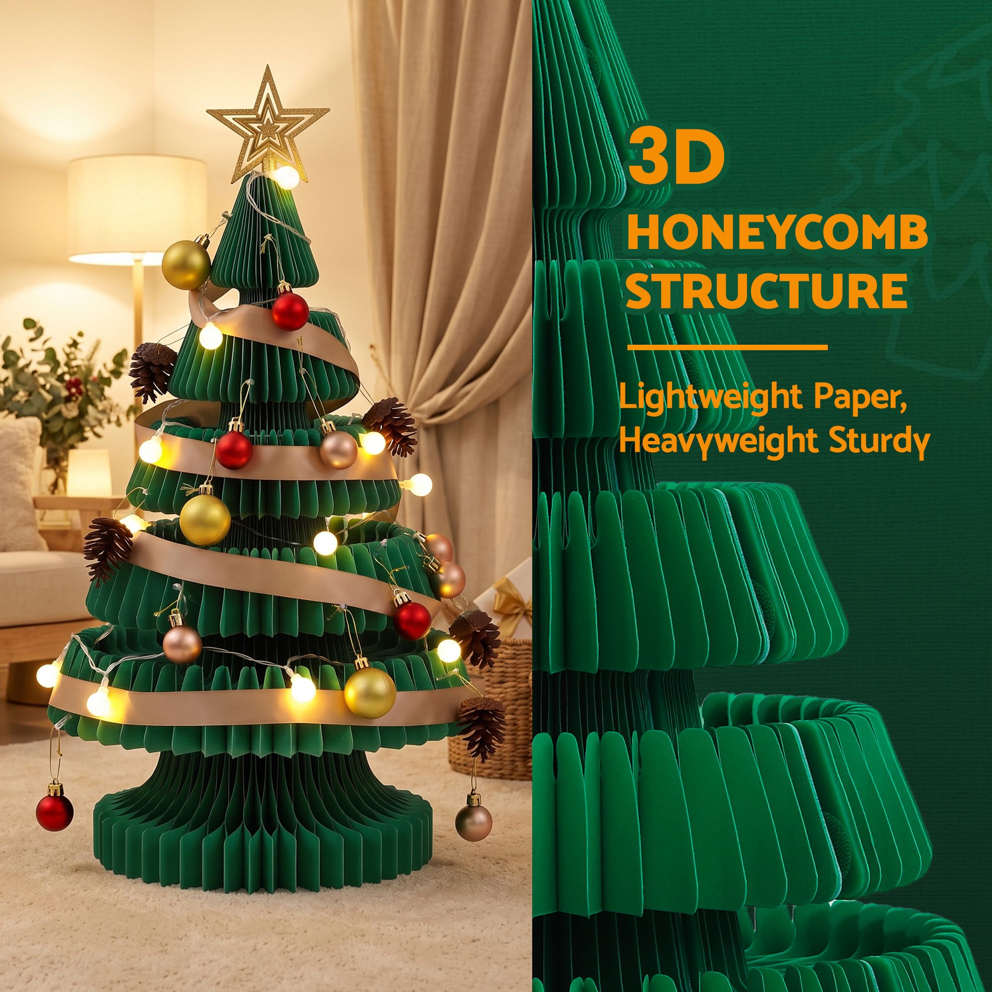 62CM Foldable Paper Christmas Tree with LED Lights, Star Topper & Ornament Kit