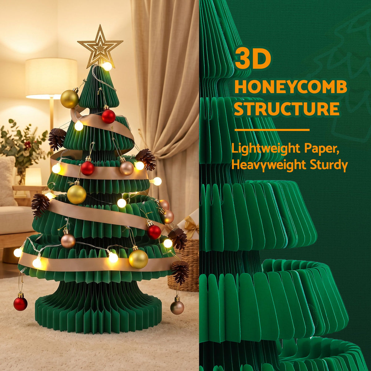 62CM Foldable Paper Christmas Tree with LED Lights, Star Topper & Ornament Kit