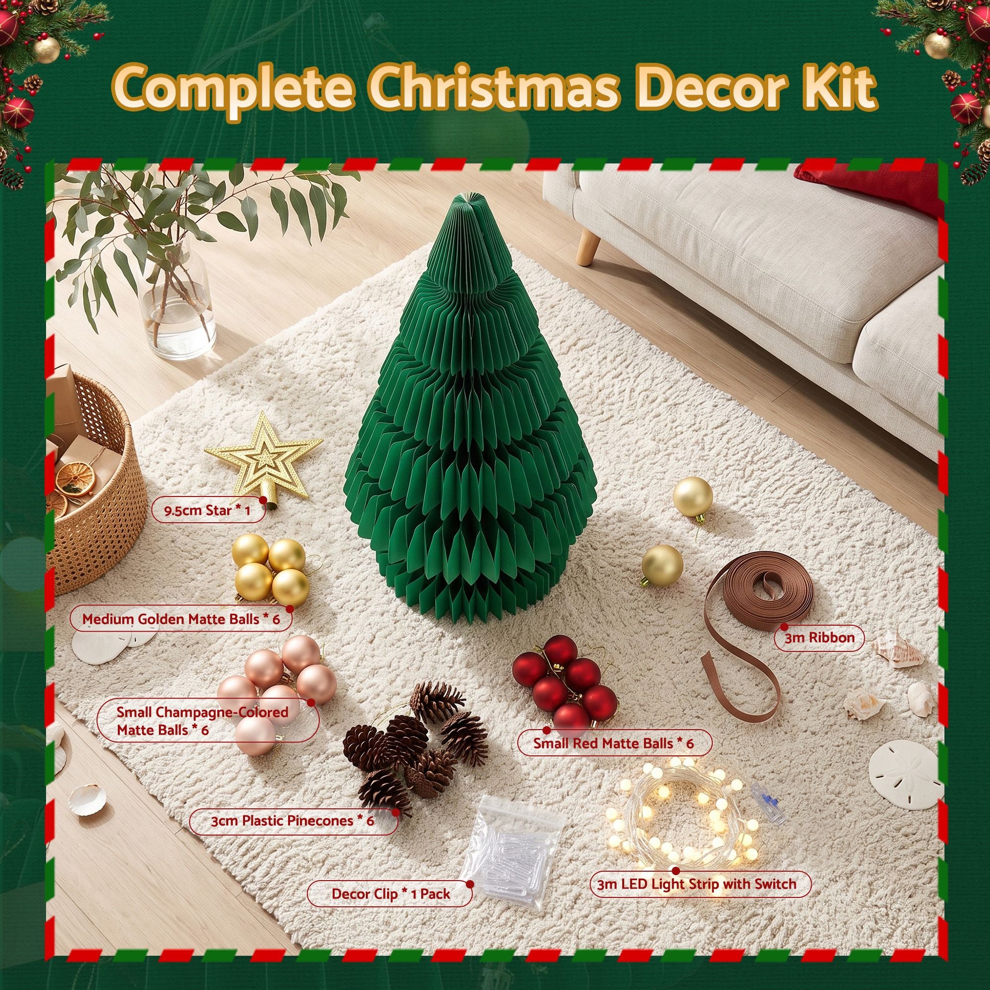 62CM Foldable Paper Christmas Tree with LED Lights, Star Topper & Ornament Kit