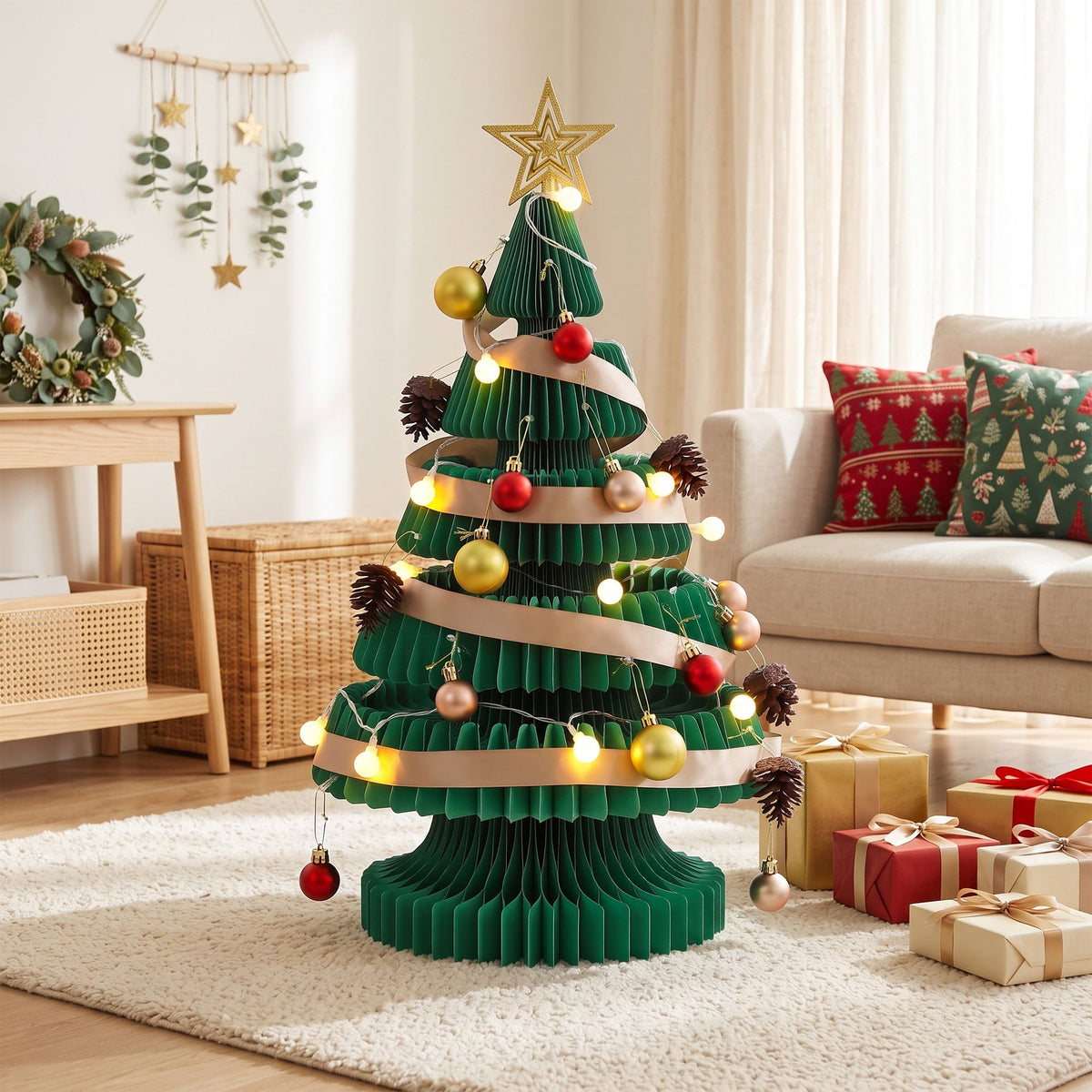 62CM Foldable Paper Christmas Tree with LED Lights, Star Topper & Ornament Kit