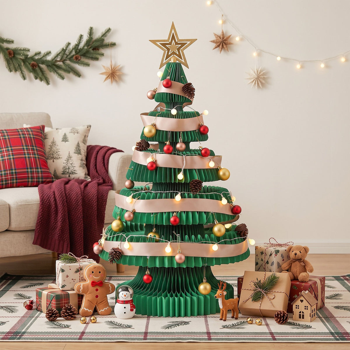 87CM Foldable Paper Christmas Tree with LED Lights, Star Topper & Ornament Kit