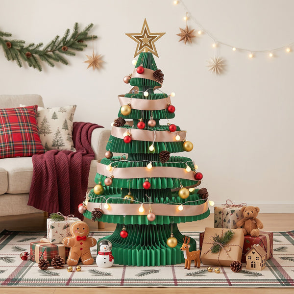 87CM Foldable Paper Christmas Tree with LED Lights, Star Topper & Ornament Kit
