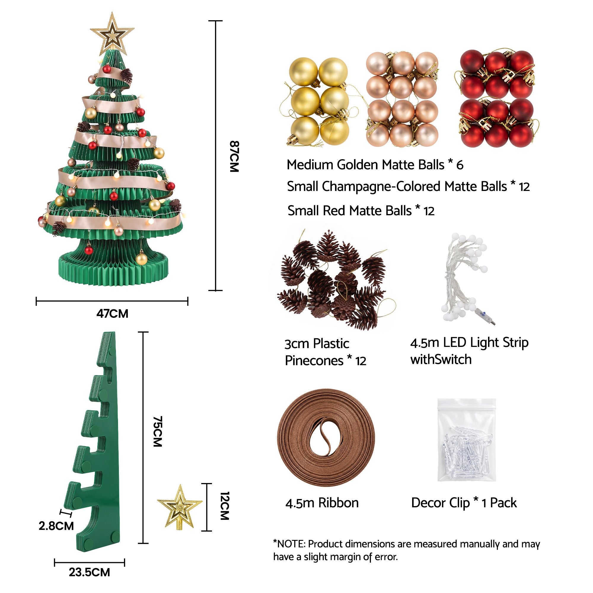87CM Foldable Paper Christmas Tree with LED Lights, Star Topper & Ornament Kit