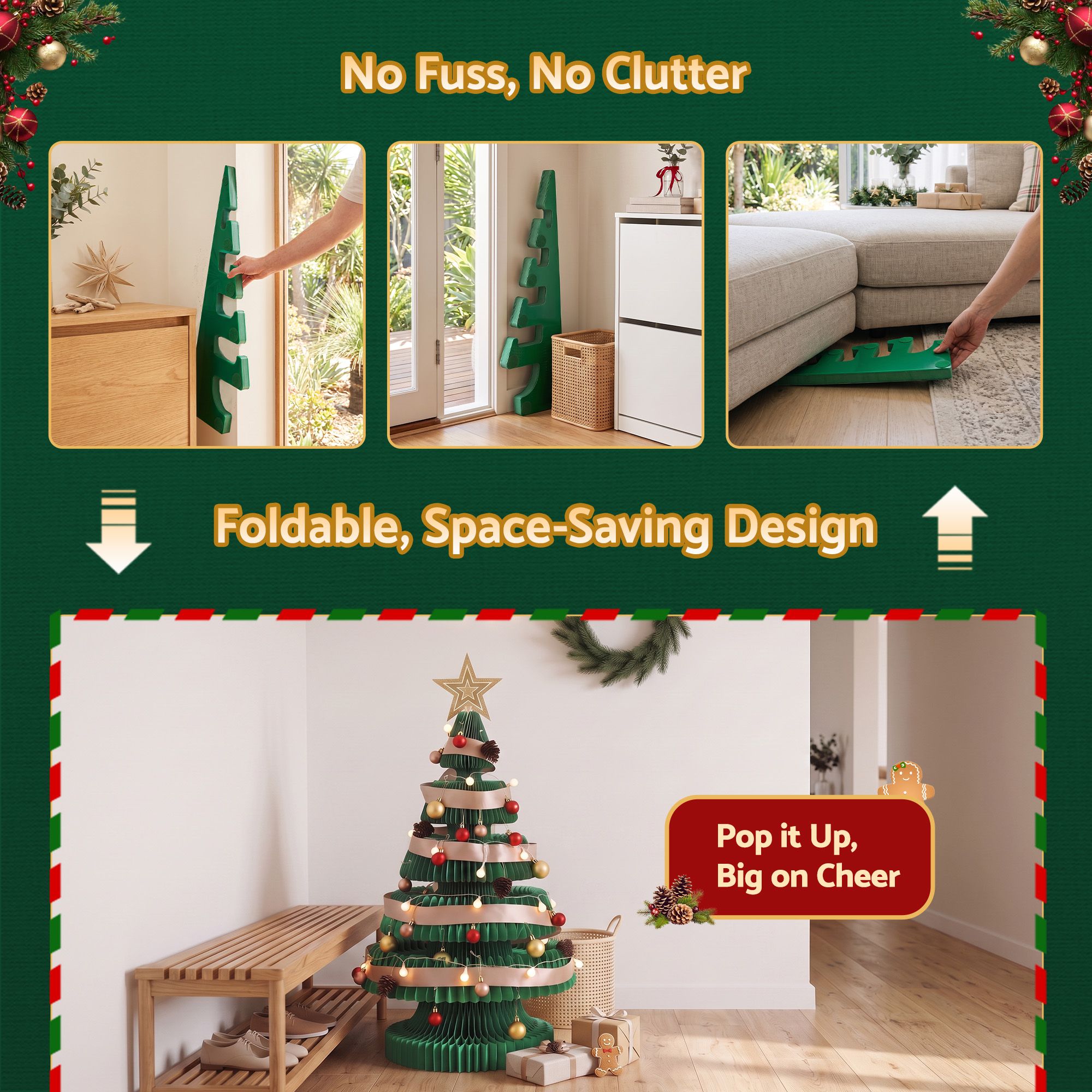 87CM Foldable Paper Christmas Tree with LED Lights, Star Topper & Ornament Kit