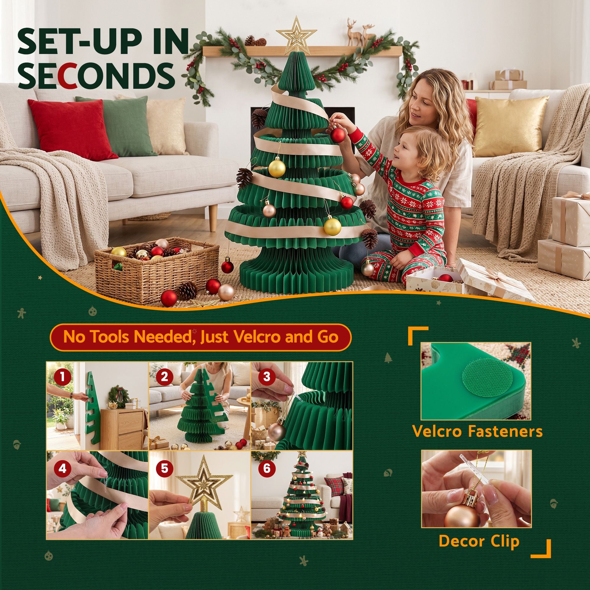 87CM Foldable Paper Christmas Tree with LED Lights, Star Topper & Ornament Kit