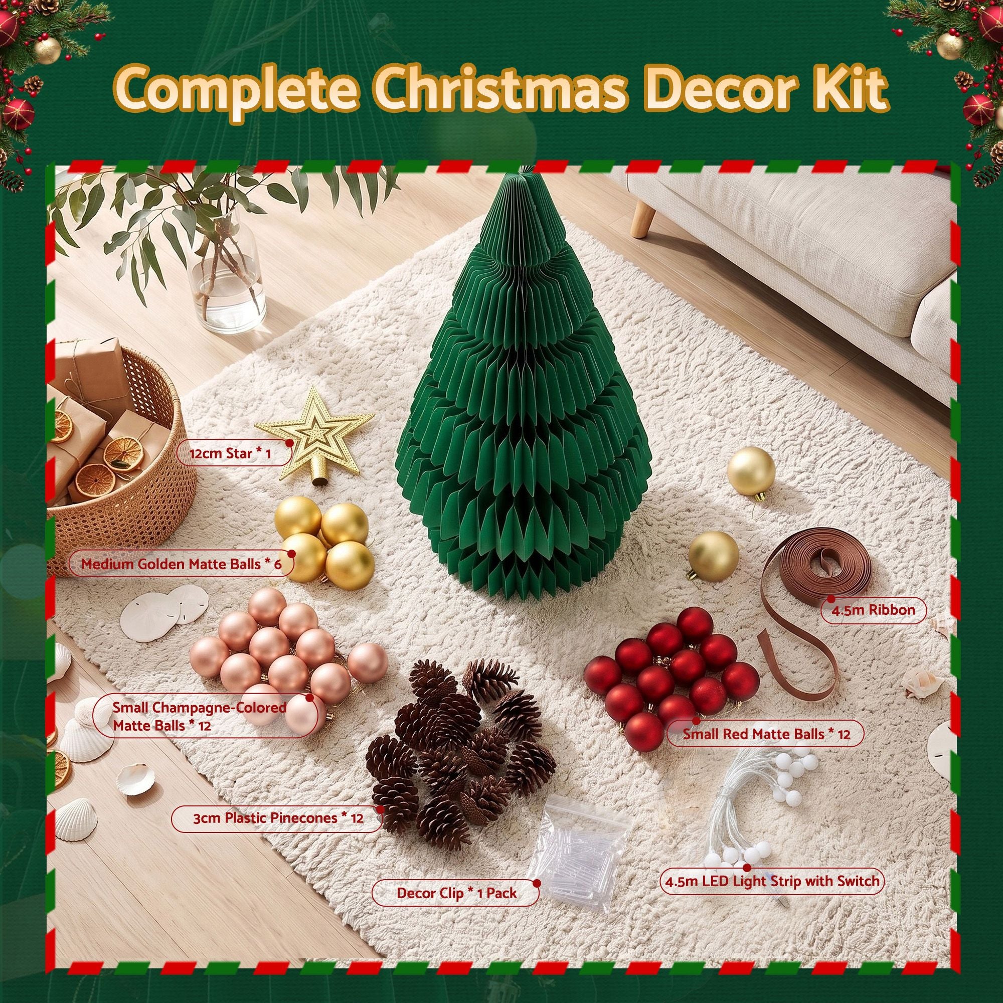 87CM Foldable Paper Christmas Tree with LED Lights, Star Topper & Ornament Kit