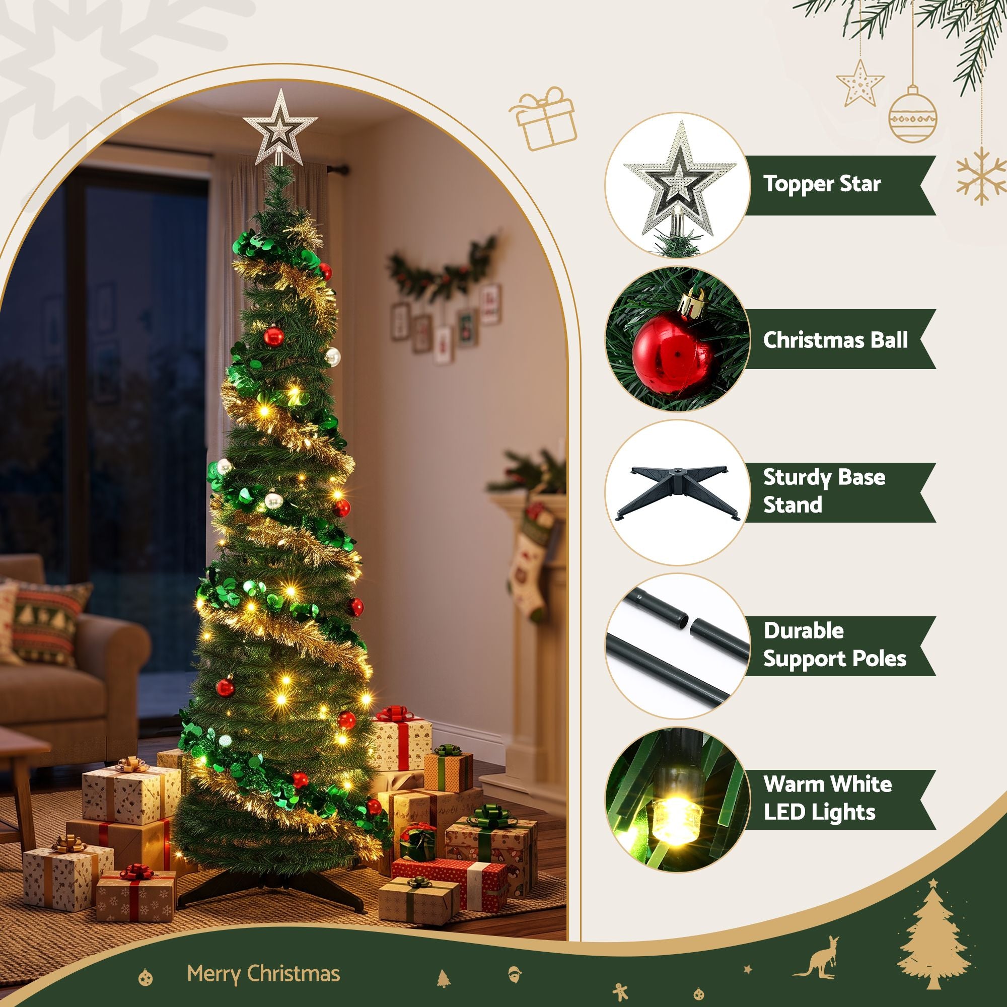 5FT Pre-Lit Pop-Up Christmas Tree with Star Topper & 50 LED