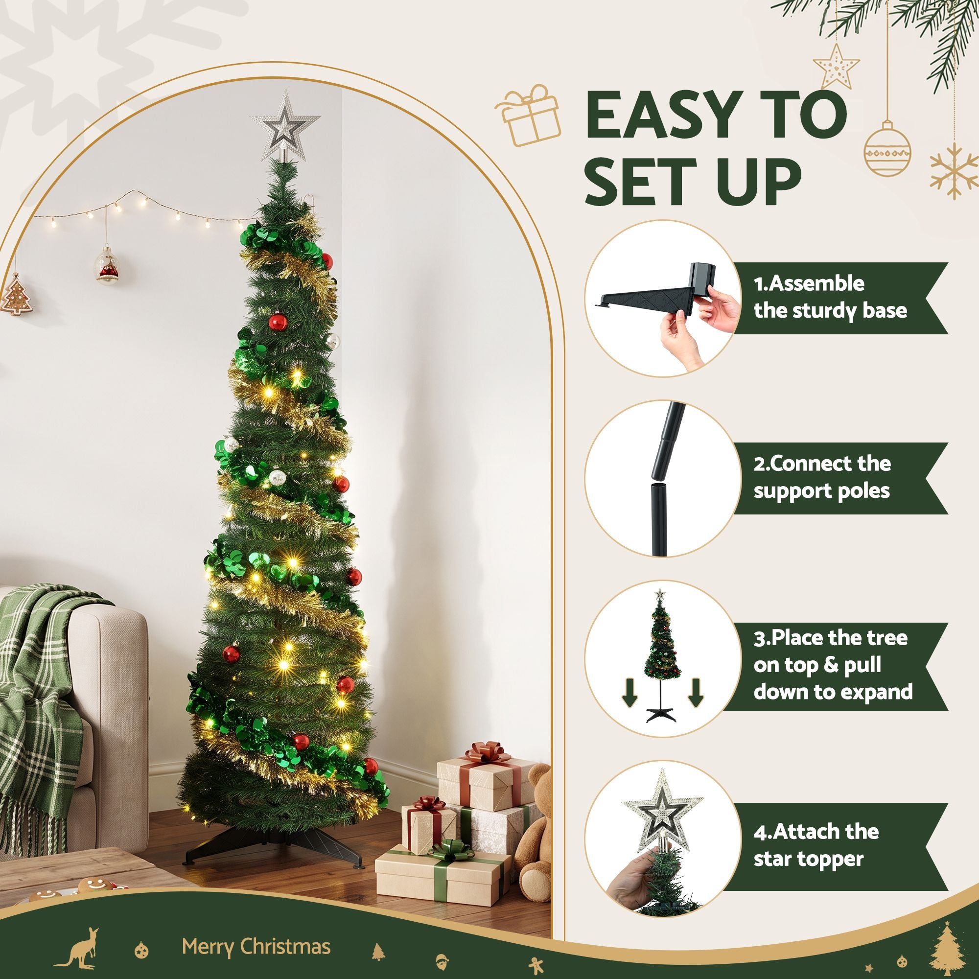 5FT Pre-Lit Pop-Up Christmas Tree with Star Topper & 50 LED