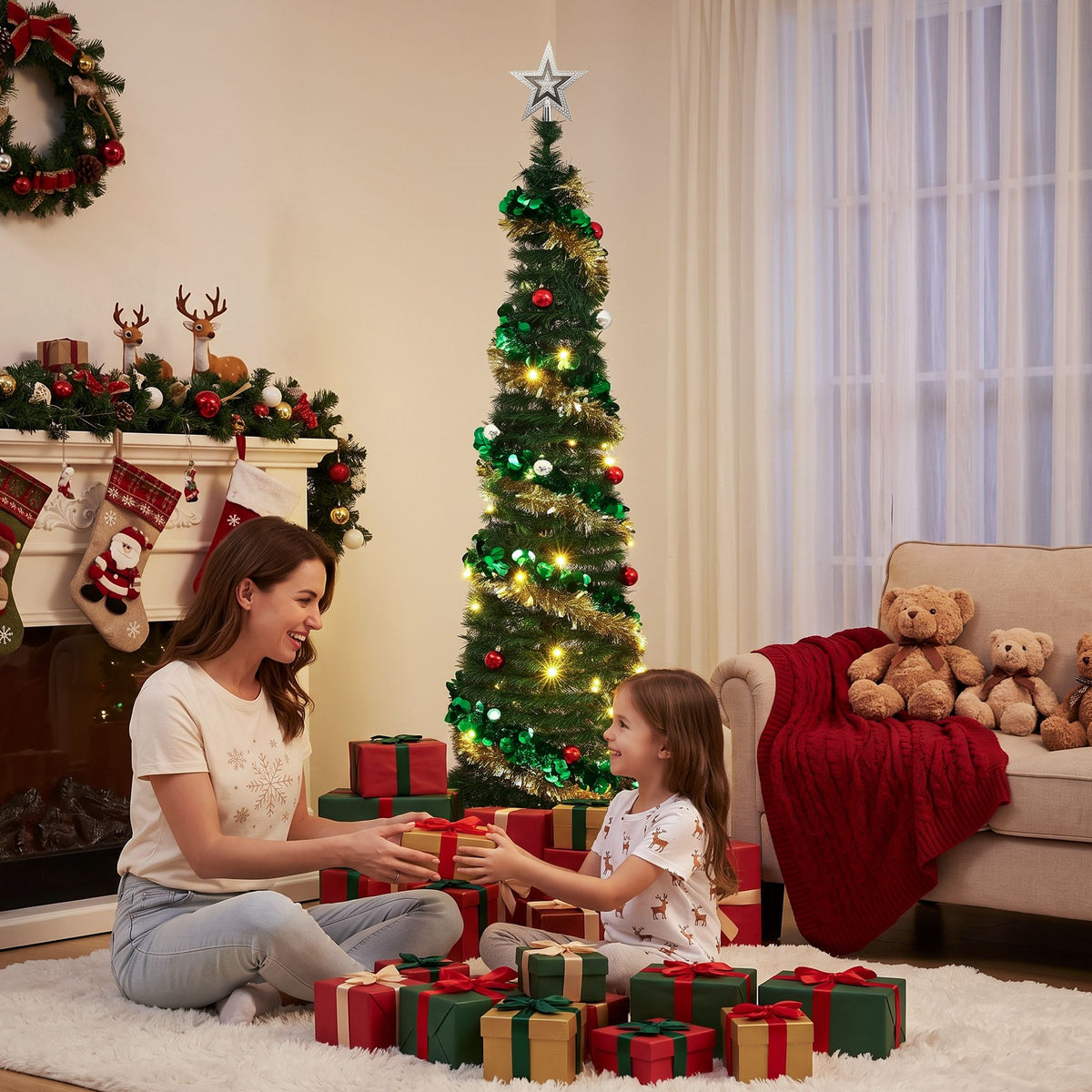 5FT Pre-Lit Pop-Up Christmas Tree with Star Topper & 50 LED