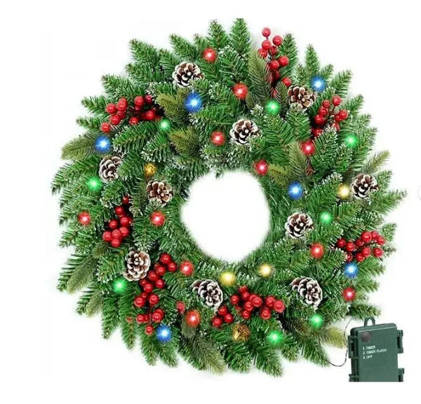 60CM Pre-Lit Christmas Wreath – 50 Warm White LED Lights, Berries & Pine Cones