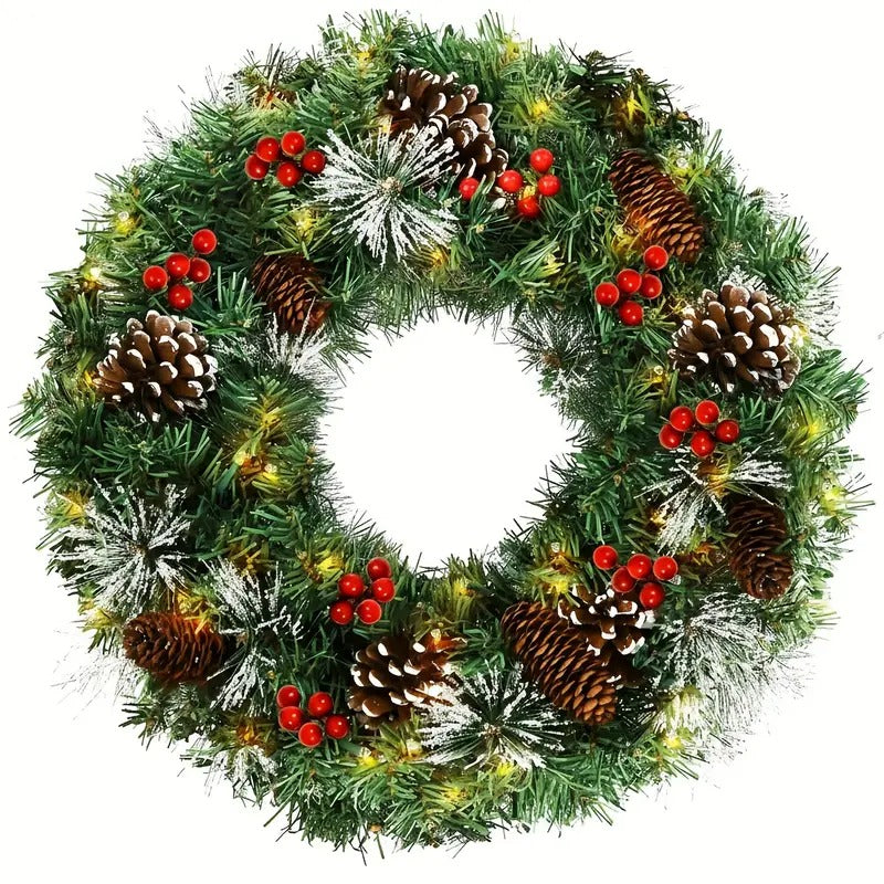 50CM Pre-Lit Christmas Wreath – 50 Warm White LED Lights, Pine Cones & Berries
