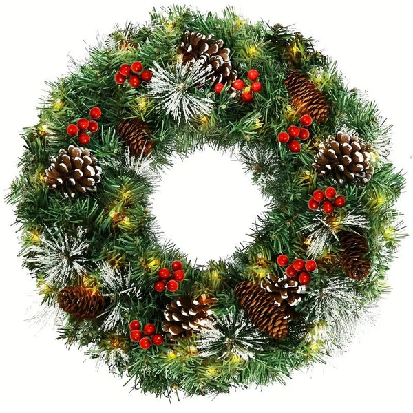 50CM Pre-Lit Christmas Wreath – 50 Warm White LED Lights, Pine Cones & Berries