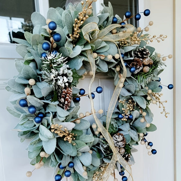 40cm Blueberry Eucalyptus Christmas Wreath – Green with Gold Accents