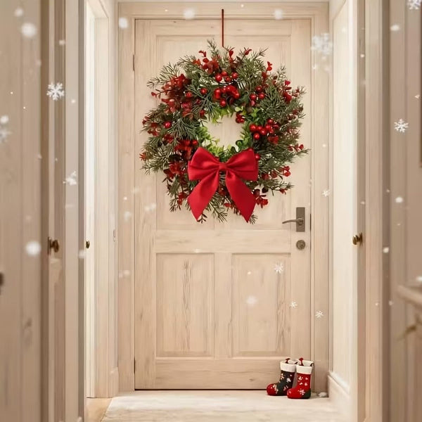 40CM Christmas Wreath Set – Red Bow, Pine Cones & Berries (2 Pack)