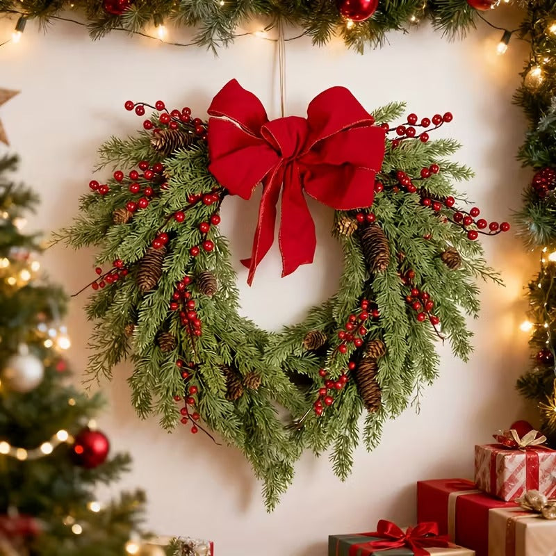 50cm Pine Needle Christmas Wreath – Red Berry Heart Bow