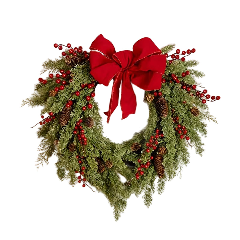 50cm Pine Needle Christmas Wreath – Red Berry Heart Bow