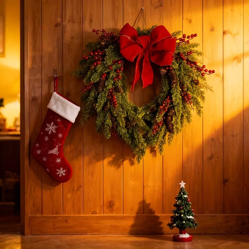 50cm Pine Needle Christmas Wreath – Red Berry Heart Bow
