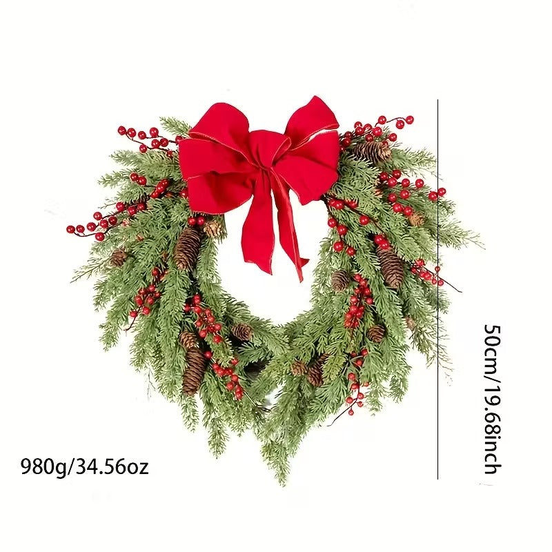 50cm Pine Needle Christmas Wreath – Red Berry Heart Bow