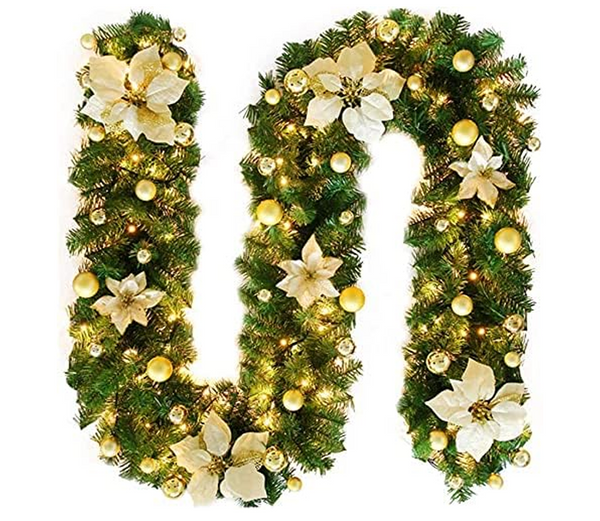 2.7M Pre-Lit Christmas Garland – Gold Accents LED Lights