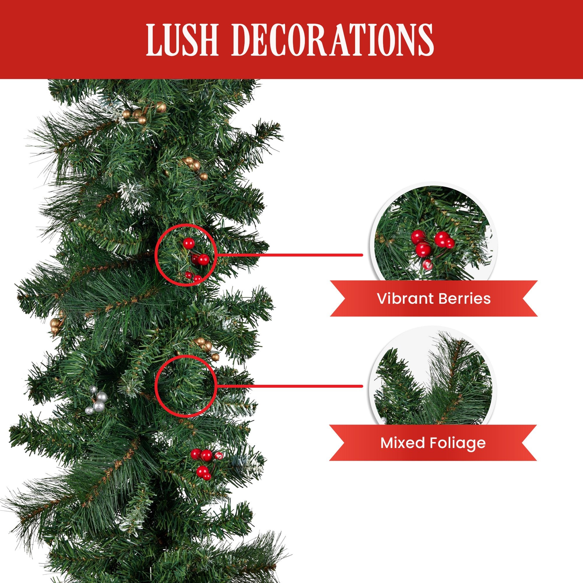 3.05M Christmas Garland with Red, White & Yellow Berries