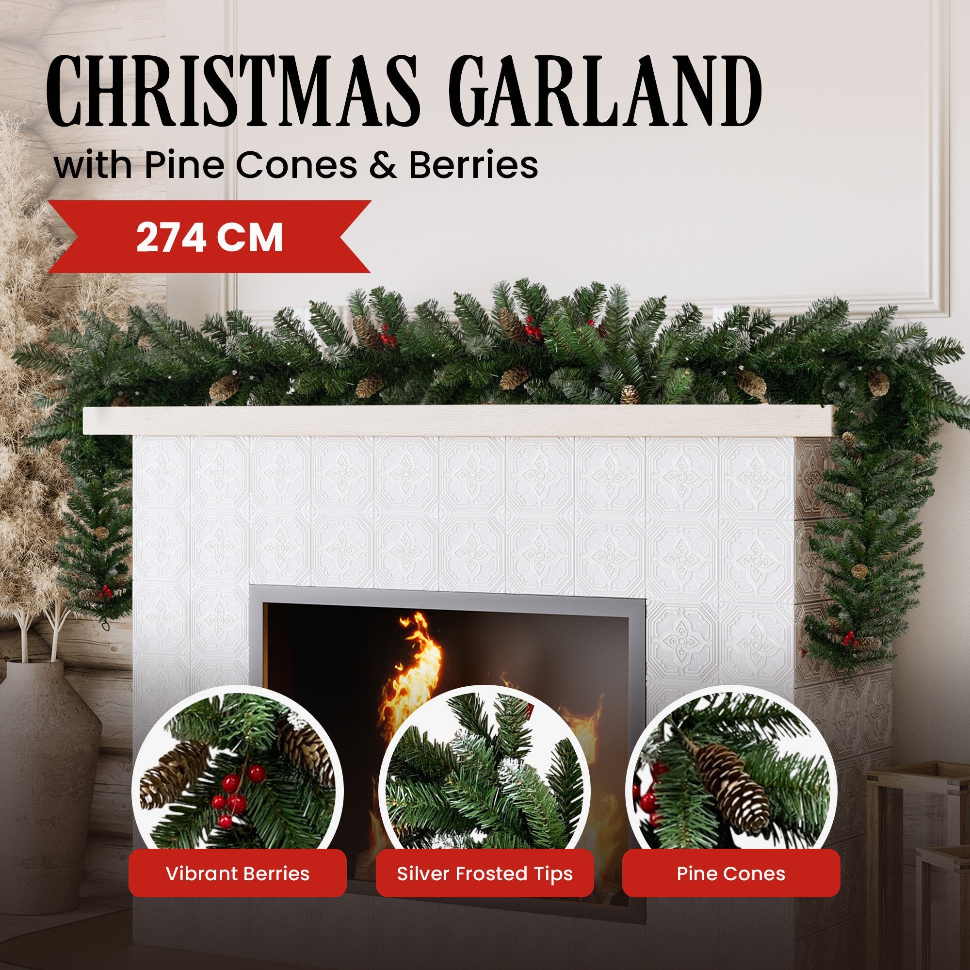2.7M Christmas Garland with Pine Cones & Red Berries