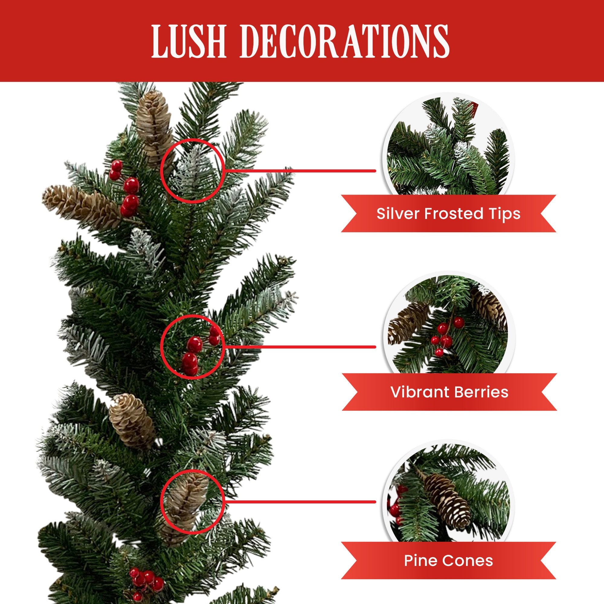 2.7M Christmas Garland with Pine Cones & Red Berries