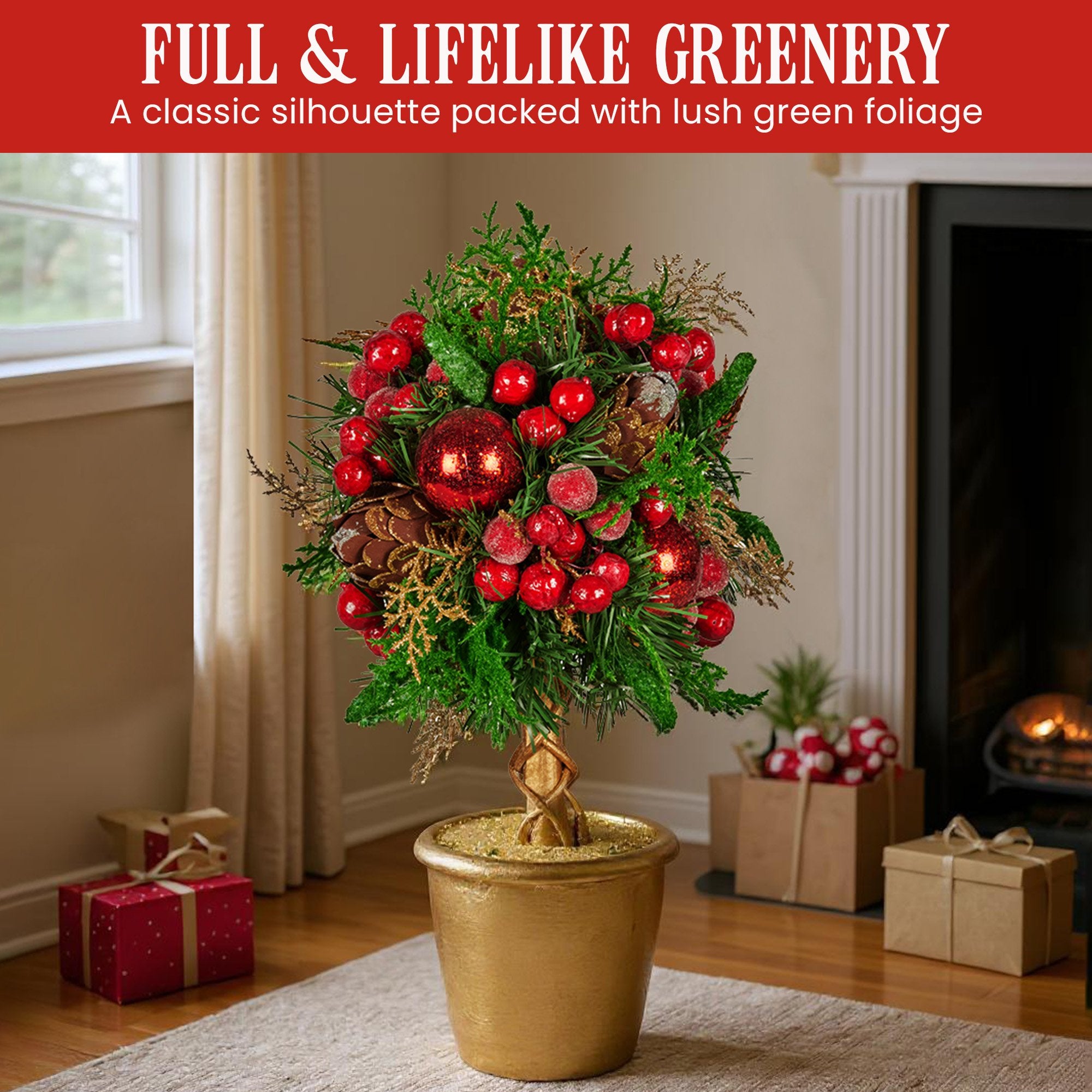 36CM Pre-Decorated Christmas Topiary Tree in Gold Pot
