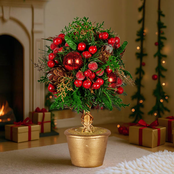 36CM Decorated Topiary Christmas Tree – Baubles, Berries & Pine Cones