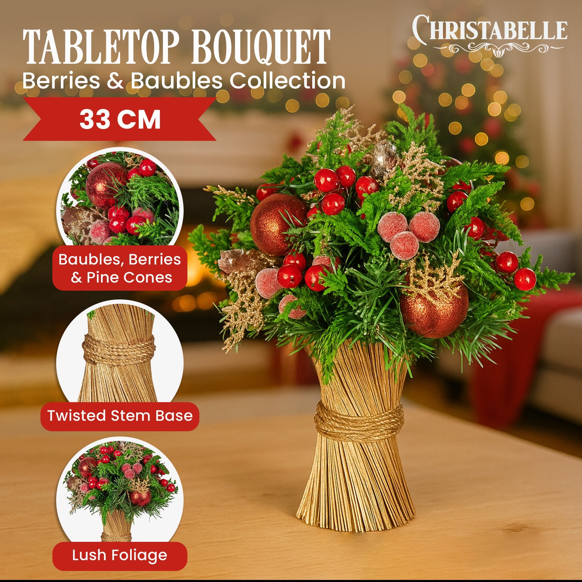 33CM Pre-Decorated Christmas Bouquet with Berries, Baubles & Pine Cones