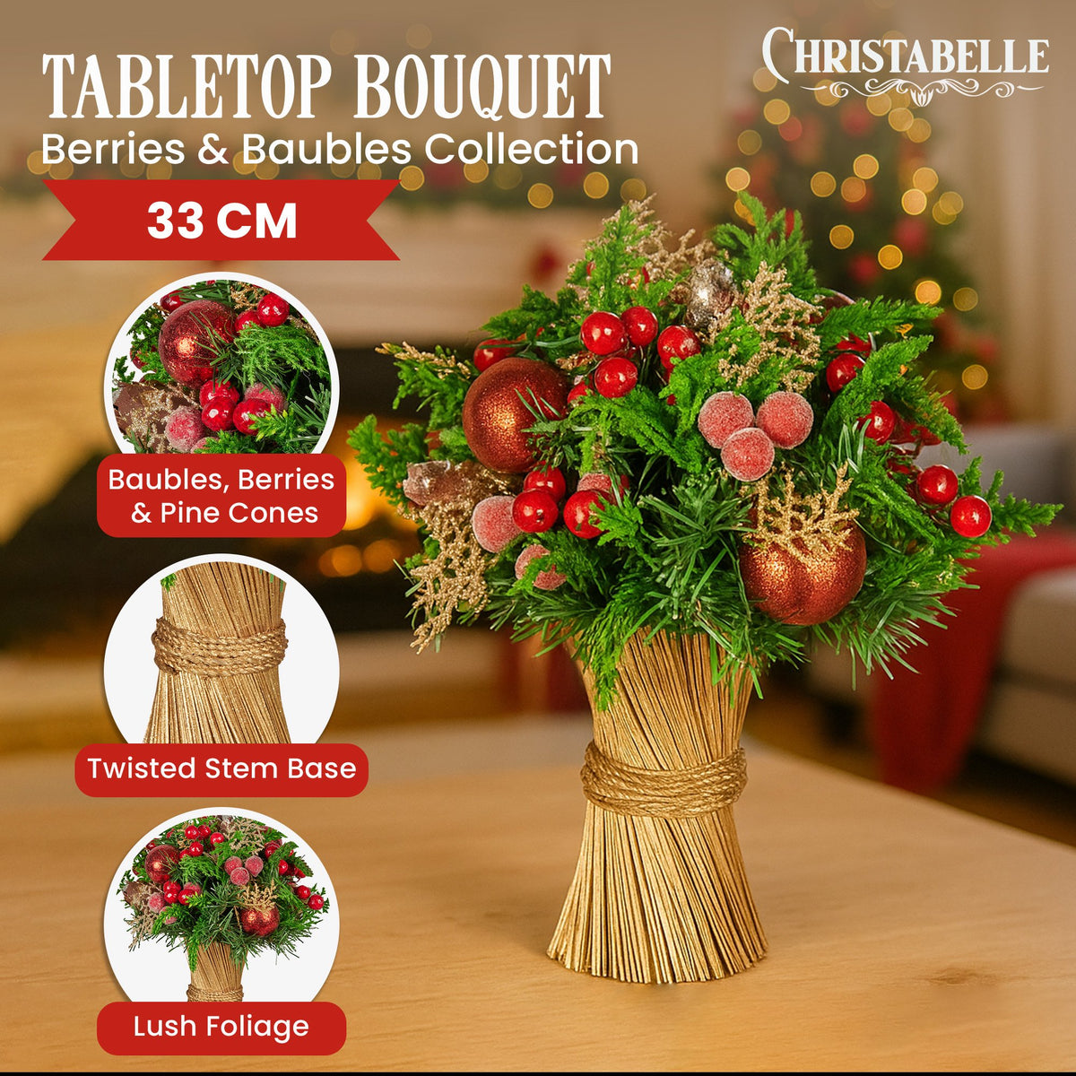 33CM Pre-Decorated Christmas Bouquet with Berries, Baubles & Pine Cones