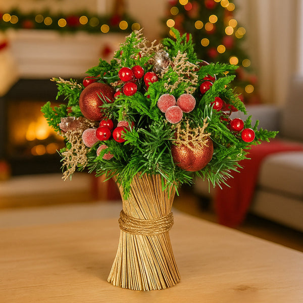 33CM Pre-Decorated Christmas Bouquet with Berries, Baubles & Pine Cones