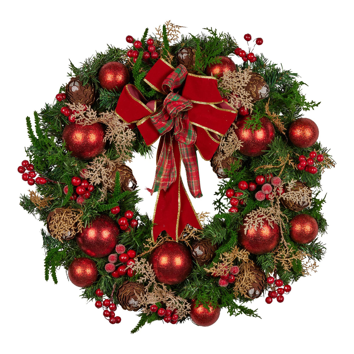 56CM Pre-Decorated Christmas Wreath with Red Berries, Pine Cones & Baubles