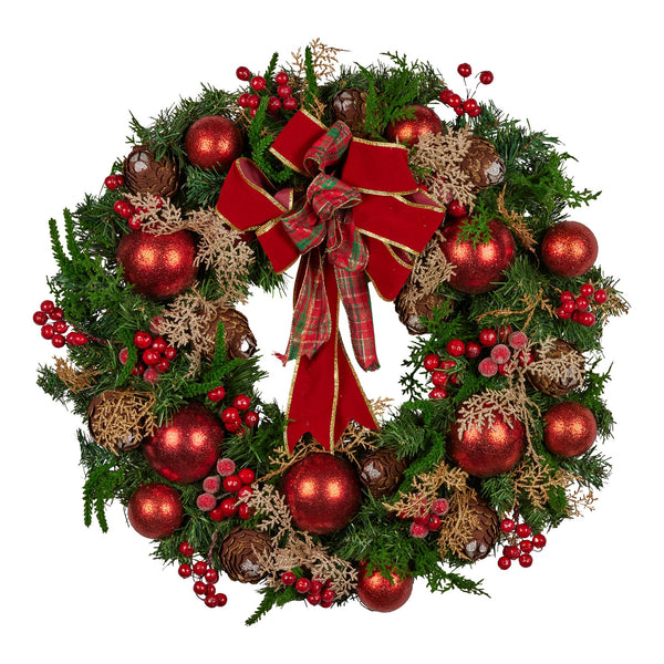 56CM Pre-Decorated Christmas Wreath with Red Berries, Pine Cones & Baubles