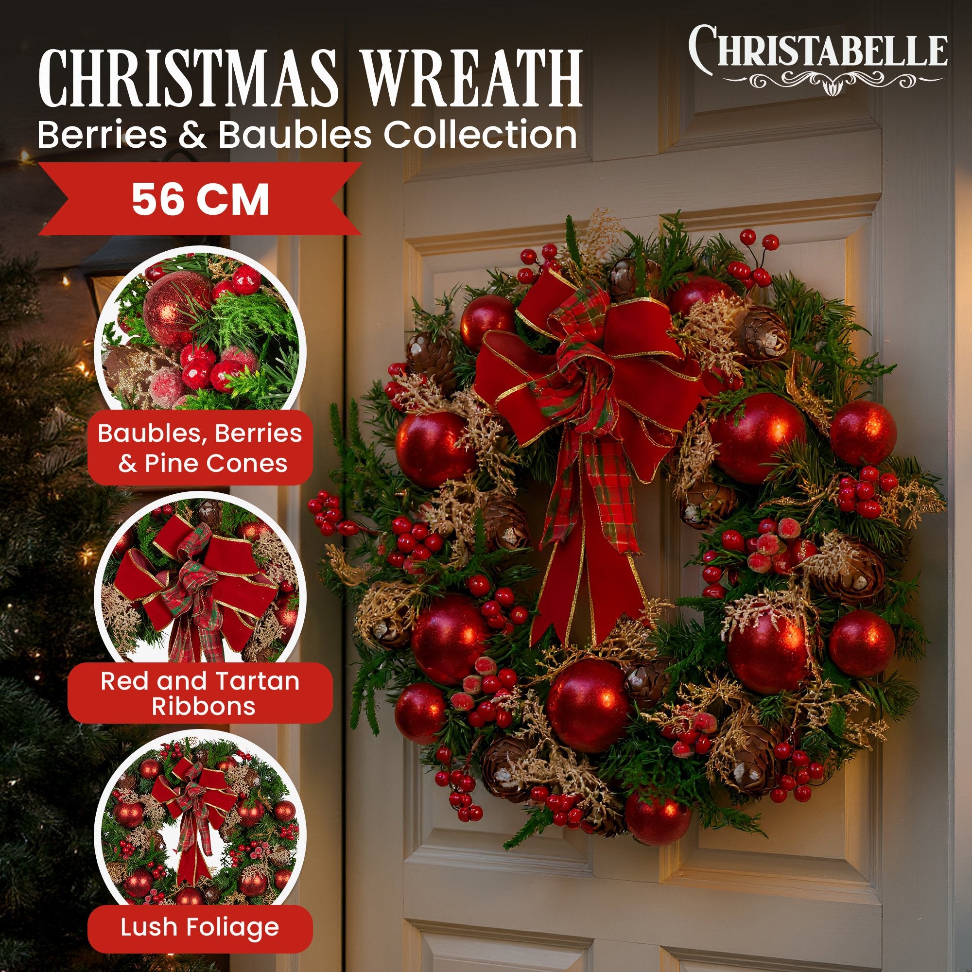56CM Pre-Decorated Christmas Wreath with Red Berries, Pine Cones & Baubles