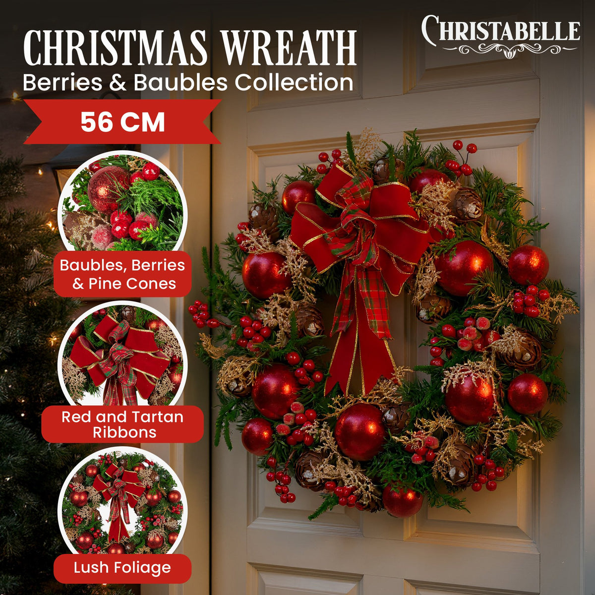 56CM Pre-Decorated Christmas Wreath with Red Berries, Pine Cones & Baubles